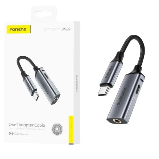 Foneng 2-in-1 Audio Adapter Cable BM32 (Type-C to Type-C+Female 3.5mm) 30cm Metallic Gray